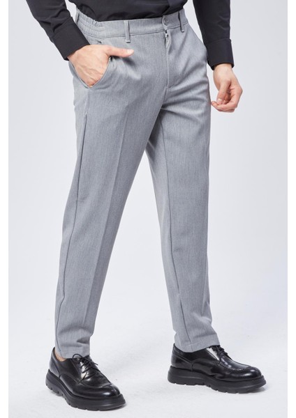 Erkek Beli Yarım Lastikli Slim Fit Chino Crop Pantolon Koyu Gri