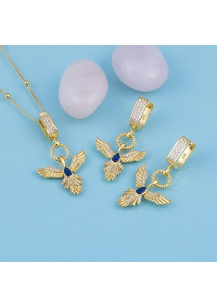 Beyaz Taşlı Altın Kaplama 925 Ayar Gümüş Anka Kuşu Gümüş Set