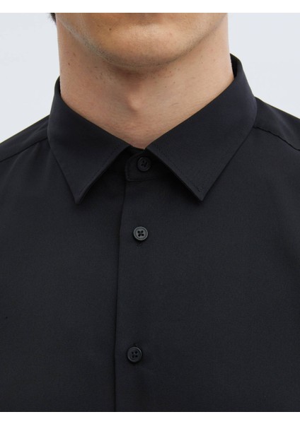 Siyah Düz Regular Fit Dokuma Casual Gömlek