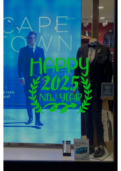 Taç Happy New Year 2025 Yazısı Yılbaşı Süslemeleri Yeni Yıl Vitrin Cam Sticker