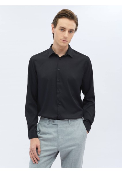 Siyah Düz Regular Fit Dokuma Casual Gömlek