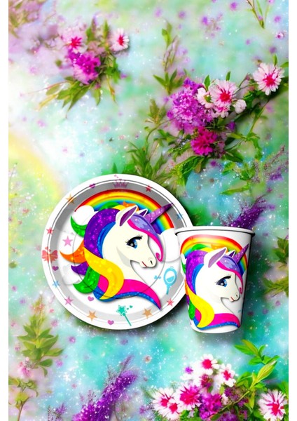 8'er Adet Unicorn Temalı Tabak ve Bardak - Doğum Günü Parti ve Eğlenceli Etkinlikler Için