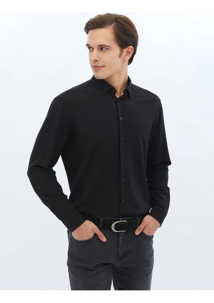 Siyah Regular Fit Dokuma Casual Gömlek