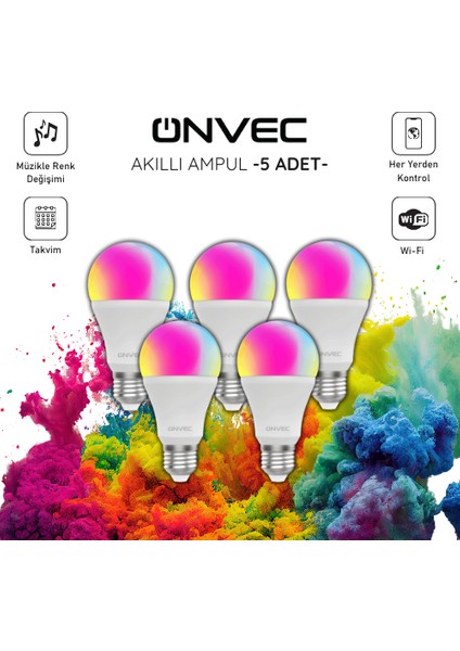 Wifi+Bluetooth Destekli 9W Rgb 5 Adet Akıllı Ampul Tuya