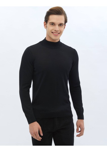 Siyah Yarım Balıkçı Yaka Düz Örgü Yün Karışımlı Triko Kazak