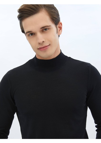 Siyah Yarım Balıkçı Yaka Düz Örgü Yün Karışımlı Triko Kazak modelleri