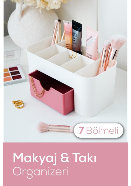 7 Bölmeli Çekmeceli Makyaj Takı Organizeri - Masaüstü Düzenleyici Pembe
