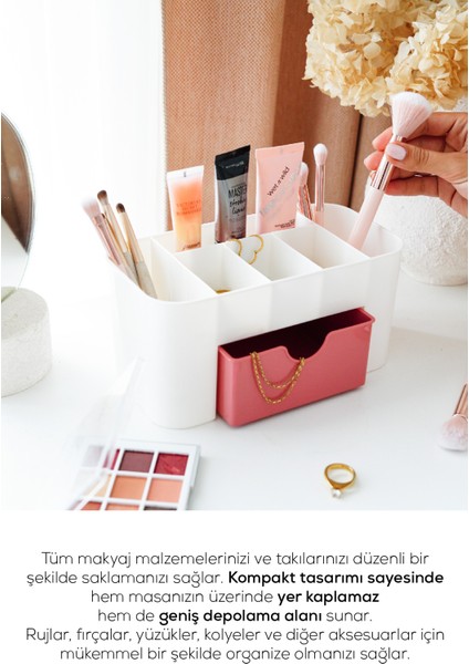 7 Bölmeli Çekmeceli Makyaj Takı Organizeri - Masaüstü Düzenleyici Pembe modelleri