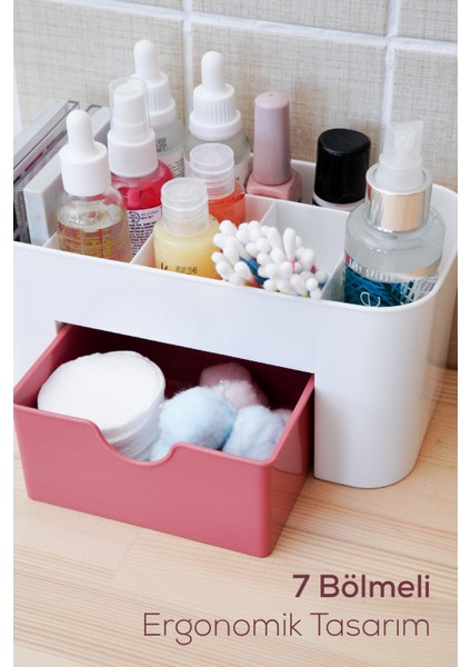 7 Bölmeli Çekmeceli Makyaj Takı Organizeri - Masaüstü Düzenleyici Pembe fırsatları