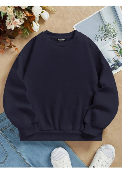 Oversize Bisiklet Yaka Basic Düz Sweatshirt - Lacivert