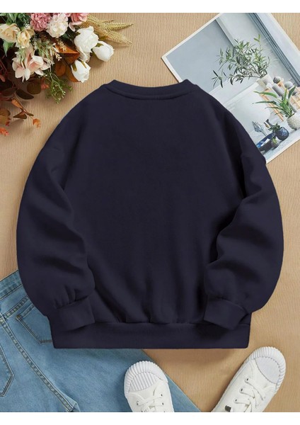 Oversize Bisiklet Yaka Basic Düz Sweatshirt - Lacivert