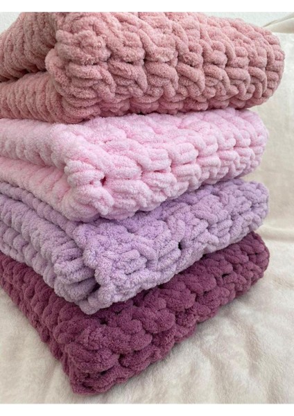 Mor renkli peluş el örgüsü tek kişilik dekoratif battaniye