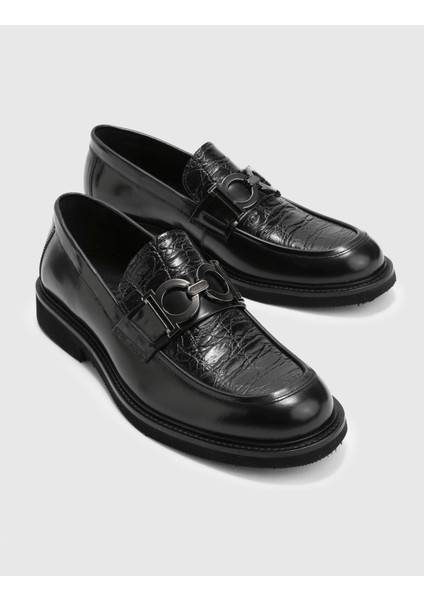 Sergio Hakiki Baskılı Deri Erkek Siyah Loafer Ayakkabı fırsatları