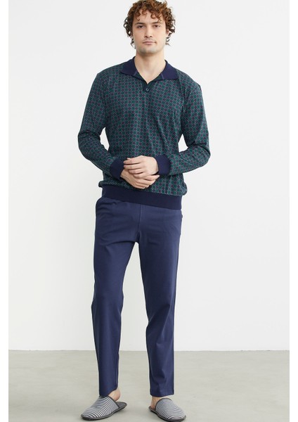 Rahat Kalıp Desenli Pijama Takım - Yeşil