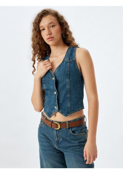 V Yaka Taşlı Düğmeli Kolsuz Slim Fit Kot Yelek