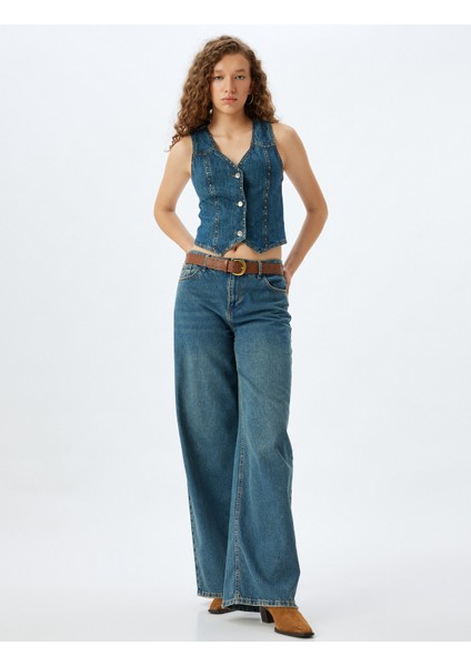 V Yaka Taşlı Düğmeli Kolsuz Slim Fit Kot Yelek fiyatları