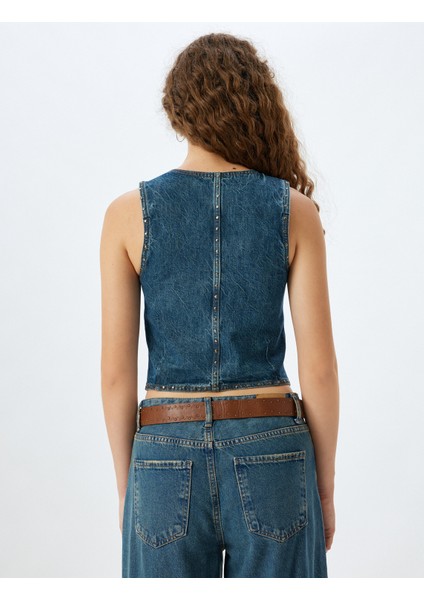 V Yaka Taşlı Düğmeli Kolsuz Slim Fit Kot Yelek fırsatları