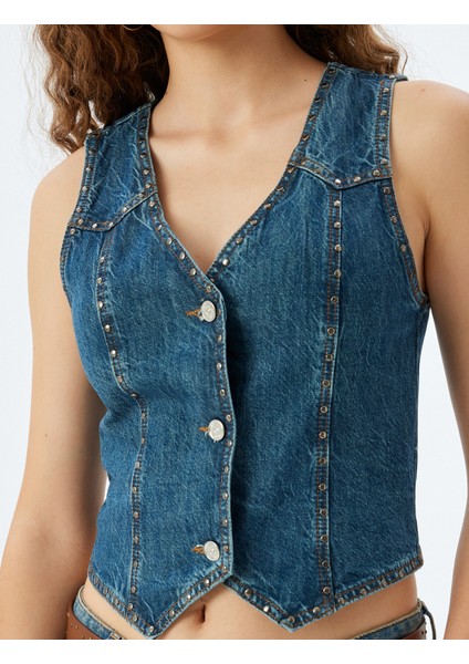 V Yaka Taşlı Düğmeli Kolsuz Slim Fit Kot Yelek indirimleri