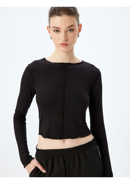 Viskon Dikiş Detaylı Uzun Kollu Bisiklet Yaka Tişört