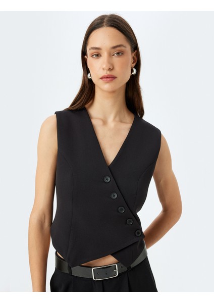Düğmeli V Yaka Kruvaze Asimetrik Yelek fiyatları