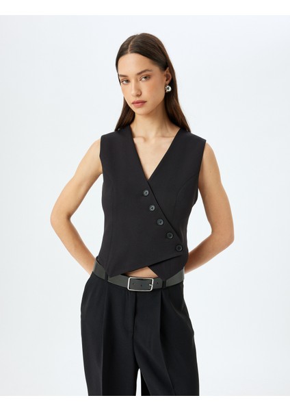 Düğmeli V Yaka Kruvaze Asimetrik Yelek modelleri