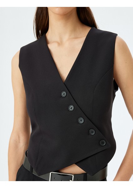 Düğmeli V Yaka Kruvaze Asimetrik Yelek indirimleri