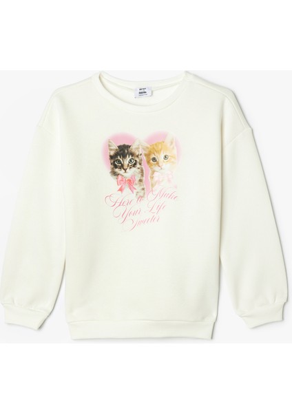 Sweatshirt Kedi Baskılı Uzun Kollu Bisiklet Yaka Şardonlu