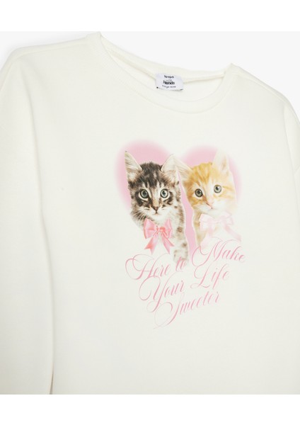 Sweatshirt Kedi Baskılı Uzun Kollu Bisiklet Yaka Şardonlu modelleri