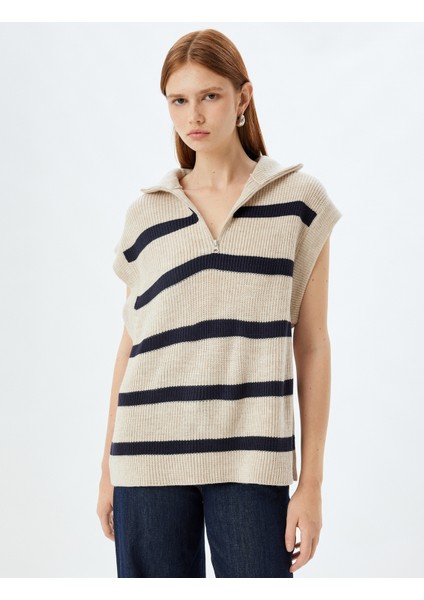 Triko Oversize Süveter Yarım Fermuar Detaylı Dik Yaka Kolsuz modelleri