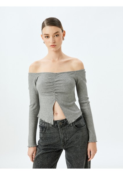 Uzun Kollu Madonna Yaka Omzu Açık Asimetrik Pencere Detaylı Bluz modelleri