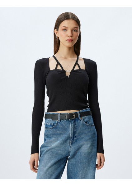 Uzun Kollu Pencere Detaylı Fiyonk Aksesuarlı Slim Fit Fitilli Tişört modelleri