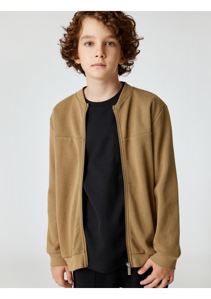 Fermuarlı Ceket Cep Detaylı Yuvarlak Yaka Pamuklu