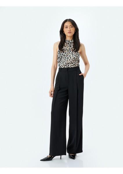 Saten Kolsuz Halter Yaka Leopar Bluz