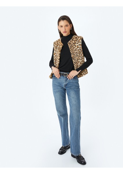 Yuvarlak Yaka Kolsuz Leopar Desenli Suni Kürk Yelek fiyatları
