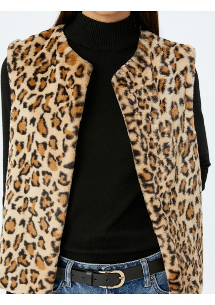 Yuvarlak Yaka Kolsuz Leopar Desenli Suni Kürk Yelek indirimleri