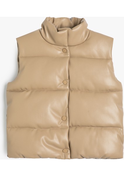 Şişme Yelek Deri Görünümlü Çıtçıt Kapamalı Dik Yaka Su Geçirmez