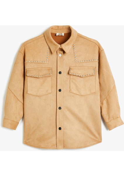 Oversize Ceket Süet Görünümlü Cep Detaylı Çıtçıt Kapamalı Zımbalı