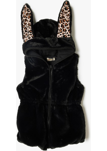 Kapşonlu Peluş Yelek Tavşan Kulak Aplikeli Kolsuz