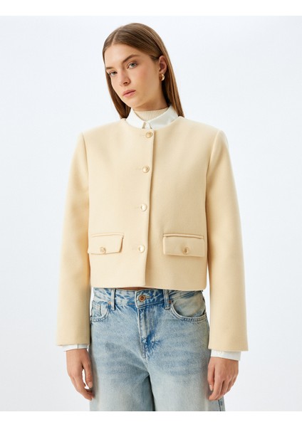 Crop Blazer Ceket Yakasız Kapaklı Çift Cep Detaylı Slim Fit modelleri