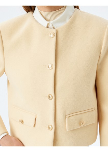 Crop Blazer Ceket Yakasız Kapaklı Çift Cep Detaylı Slim Fit indirimleri