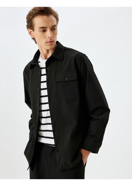 Kapaklı Cep Detaylı Viskon Karışımlı Uzun Kollu Gömlek