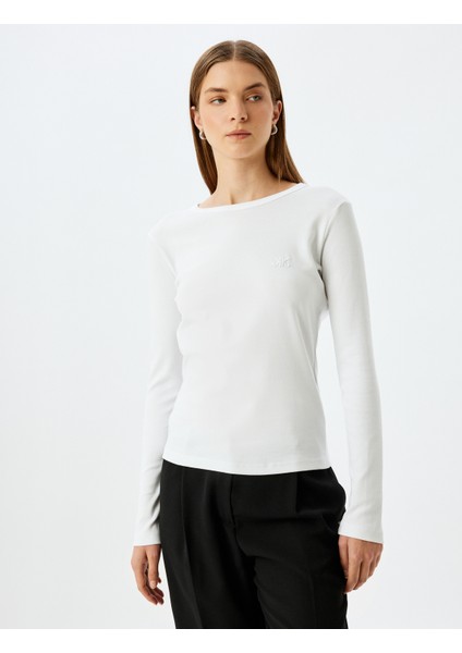 Uzun Kollu Tişört Nakış Detaylı Bisiklet Yaka Pamuklu modelleri