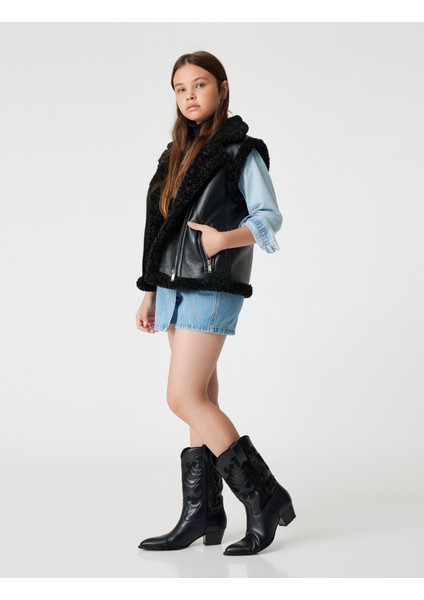 Deri Görünümlü Yelek Peluş Detaylı Fermuarlı Cepli