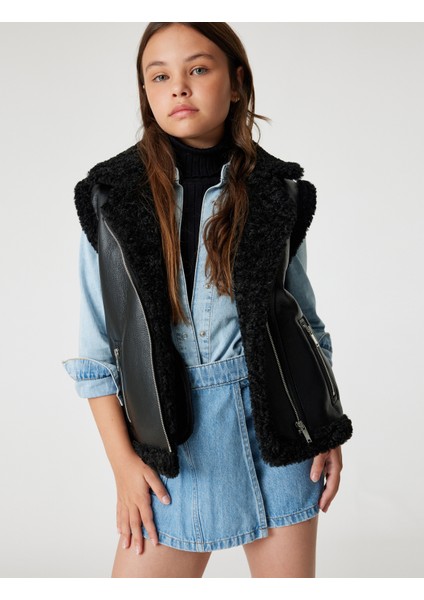 Deri Görünümlü Yelek Peluş Detaylı Fermuarlı Cepli fiyatları