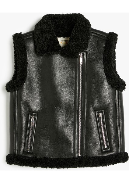 Deri Görünümlü Yelek Peluş Detaylı Fermuarlı Cepli modelleri