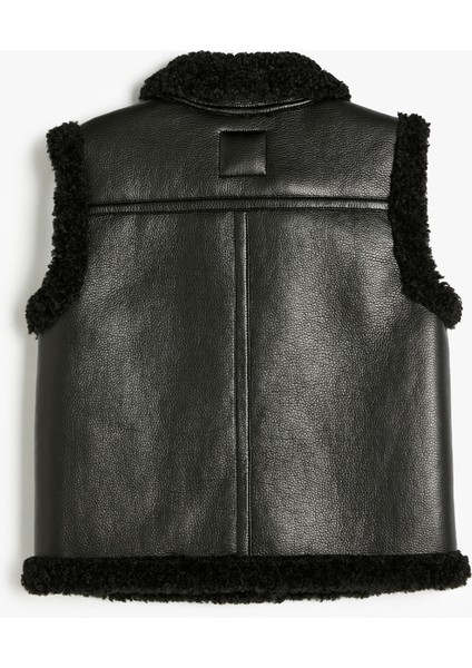 Deri Görünümlü Yelek Peluş Detaylı Fermuarlı Cepli fırsatları