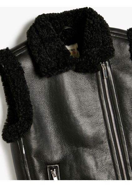 Deri Görünümlü Yelek Peluş Detaylı Fermuarlı Cepli indirimleri