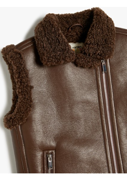 Deri Görünümlü Yelek Peluş Detaylı Fermuarlı Cepli indirimleri