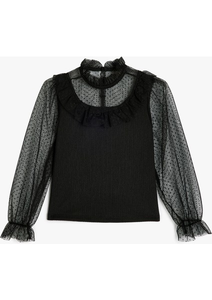 Bluz Balon Kollu Tül Detaylı Dik Yaka