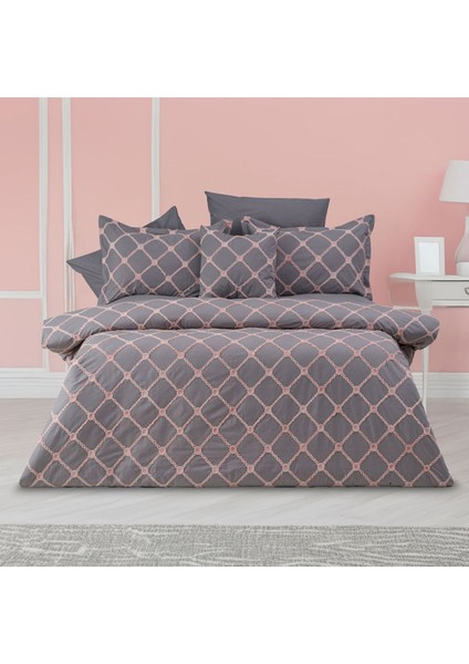 Alin Pamuklu Çift Kişilik Nakışlı Komninli Nevresim Seti - Beyaz-Kahve 7 Li